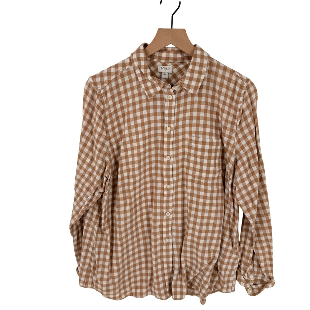 J. Crew Factory Tan Gingham Flannerl Button Down Shirt XL Plaid Preppy Academia